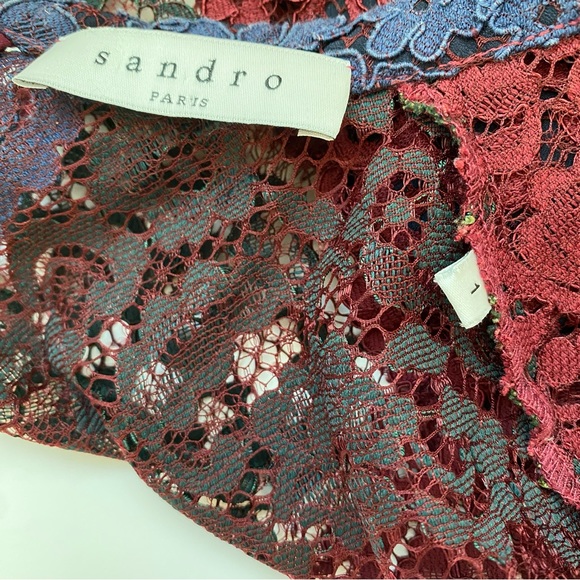 Sandro Rodney Maroon and Navy Color Block Lace Mini Dress - Size 1 (XS) - Picture 9 of 10